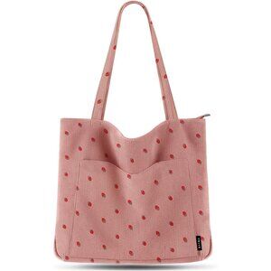 Women's Strawberry Pink Corduroy Large Shoulder Zipper Travel Shopping Tote Bag